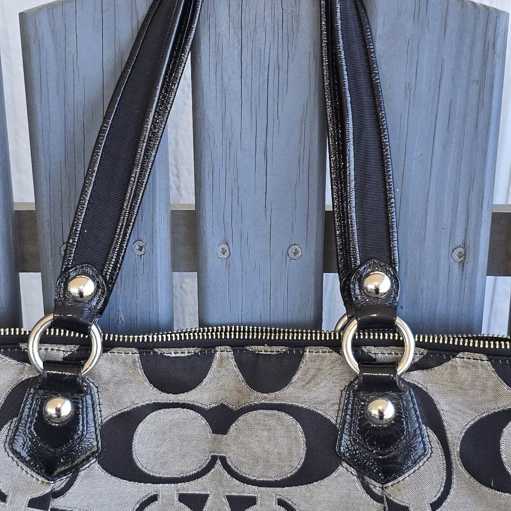 Coach Poppy Black and Silver Signature Patterned Tote 17.5" wide x 13" high x 7" - Picture 5 of 11